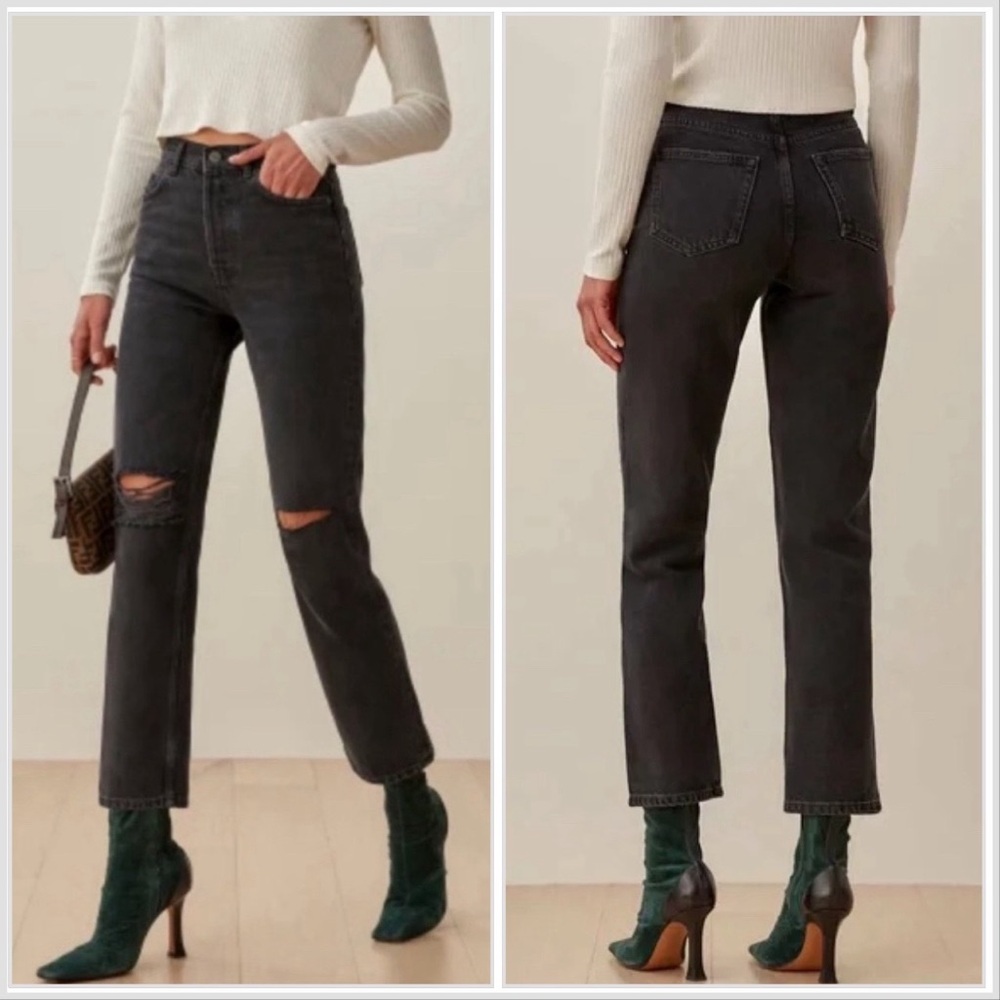 Reformation Cynthia High Rise Straight Leg Jeans Lagoon Destroyed Wash 25 Black